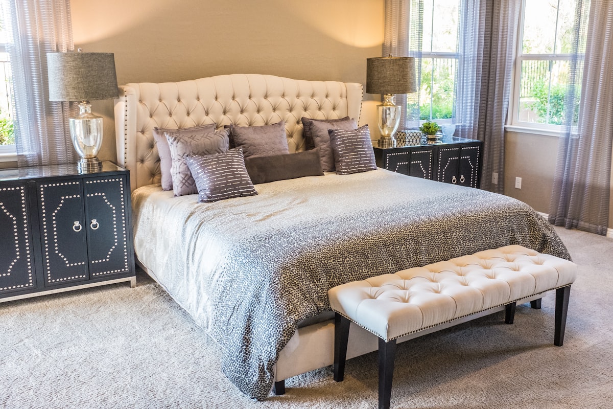 Hotel guest room with the bed, casegoods and seating installed