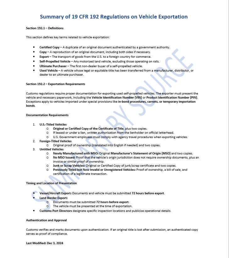 Summary of 19 CFR 192 Regulations on Vehicle Exportation