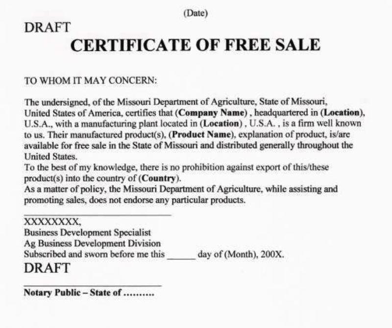 Certificate of free sale