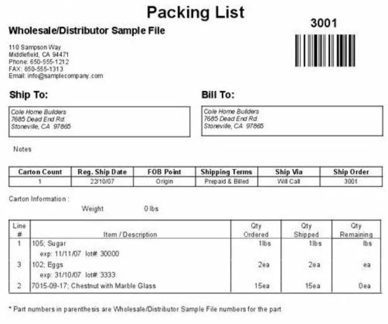 Export packing list