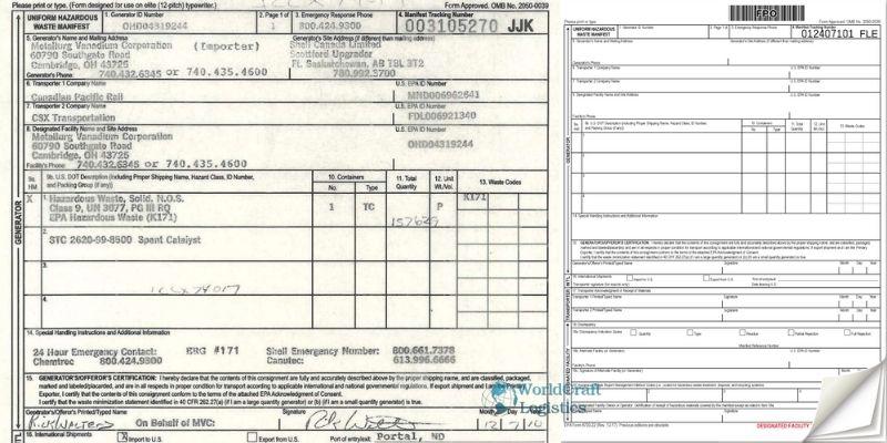 Shipping manifest of hazardous materials