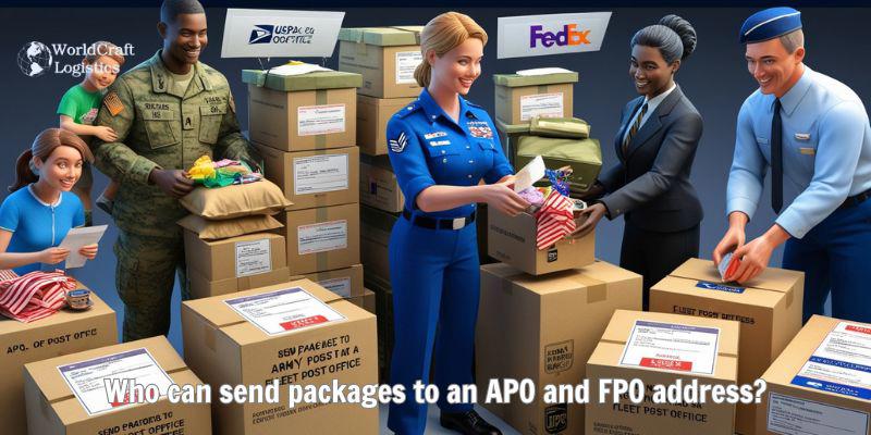 Who can send packages to an APO and FPO address?