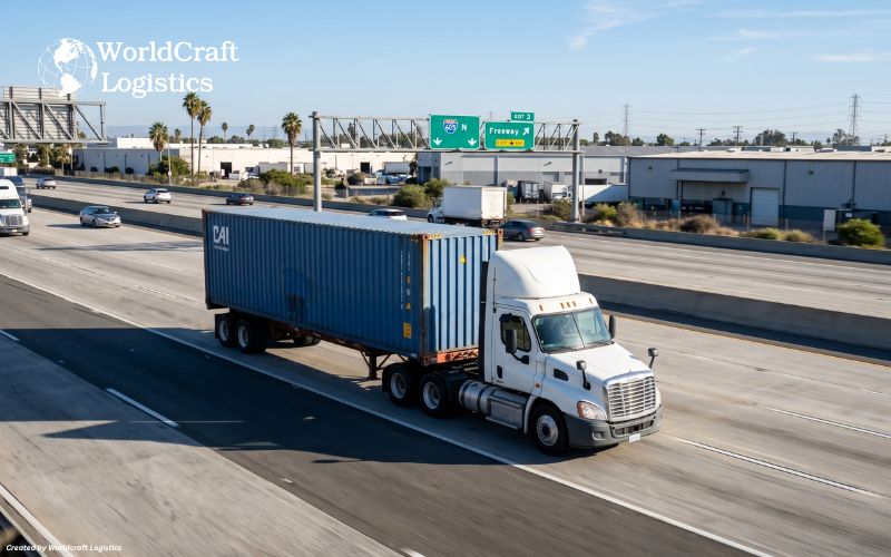 Drayage truck carrying ocean shipping container on I-605 freeway near Cerritos CA warehouse district