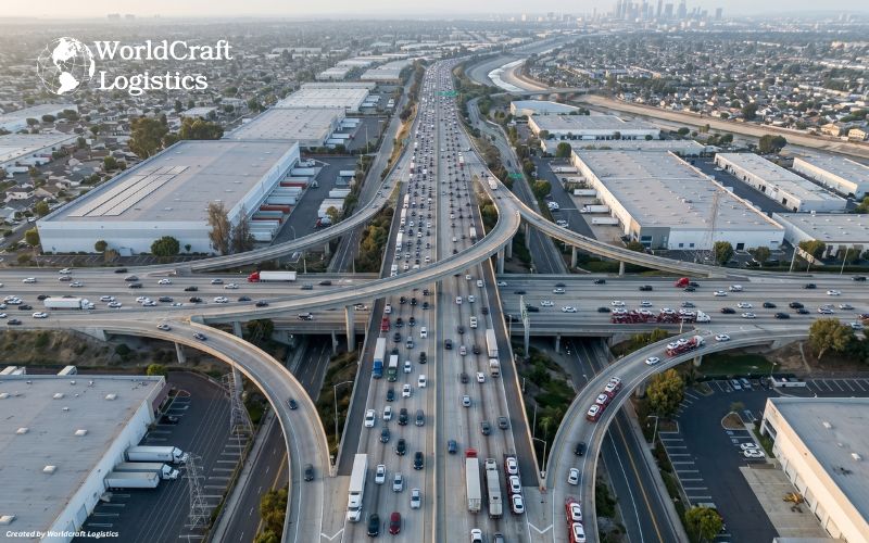 SR-91 and I-605 freeway interchange near Cerritos CA providing Southern California distribution network access