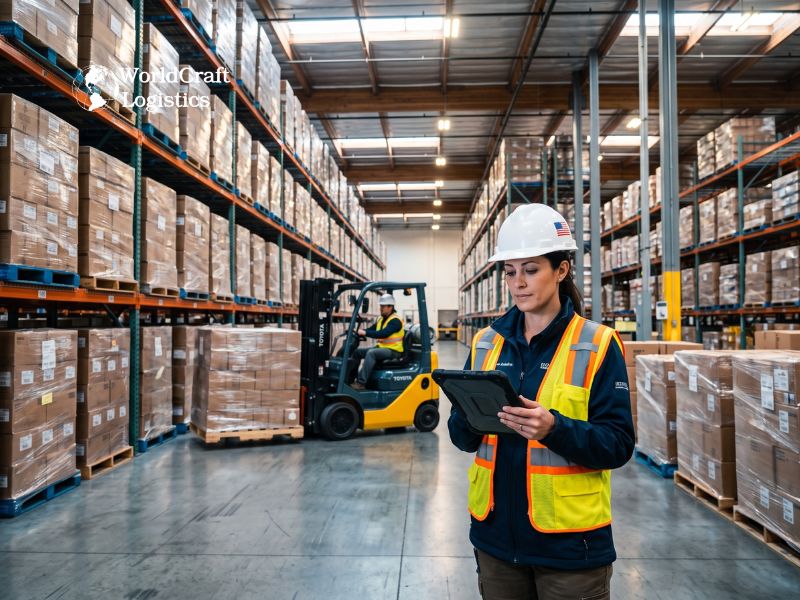 Worldcraft Logistics warehouse manager reviewing inventory in Ontario CA fulfillment center.jpg