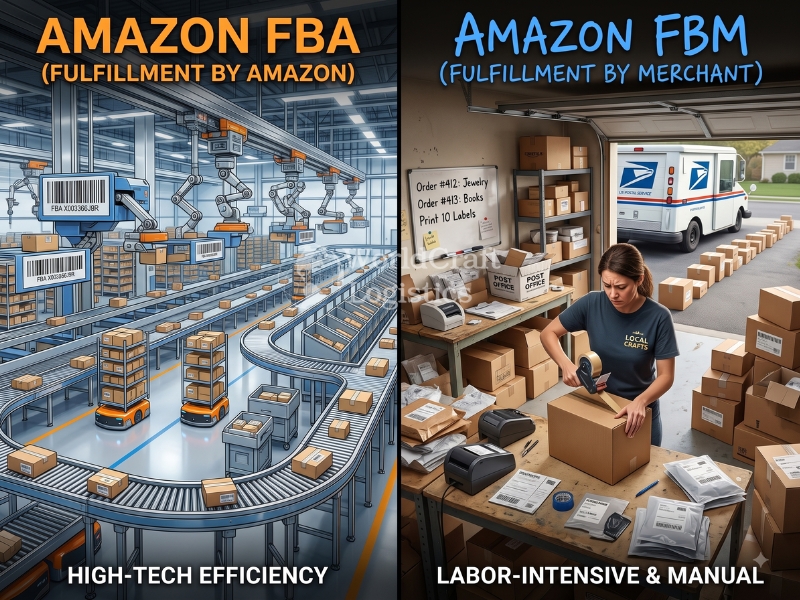 Visual split-screen comparison showing automated Amazon FBA vs manual FBM shipping.jpg