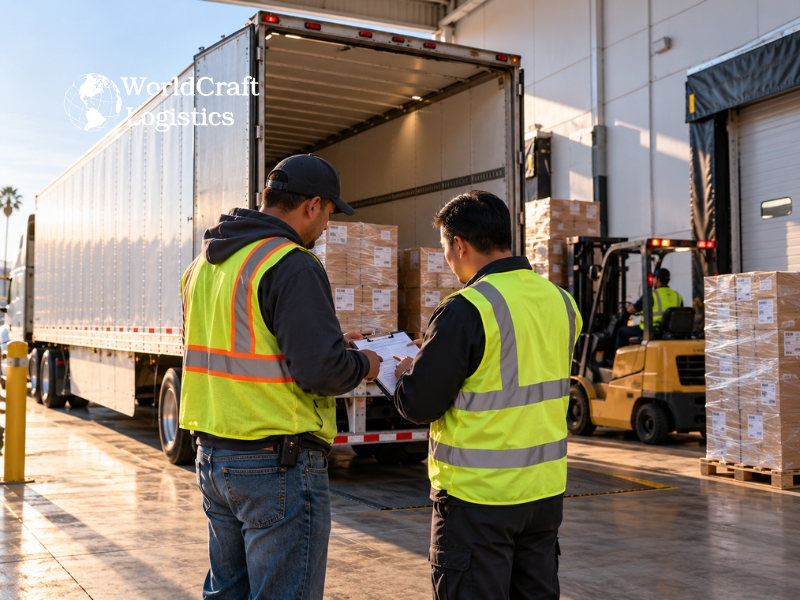 Driver and dock supervisor checking shipping paperwork before an FTL pickup