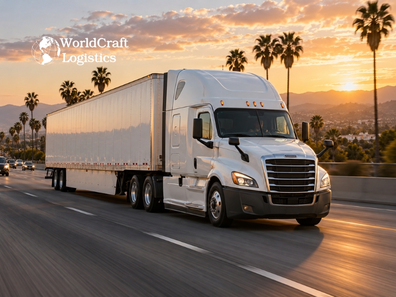 ull truckload FTL semi truck with 53 foot dry van trailer on a California highway
