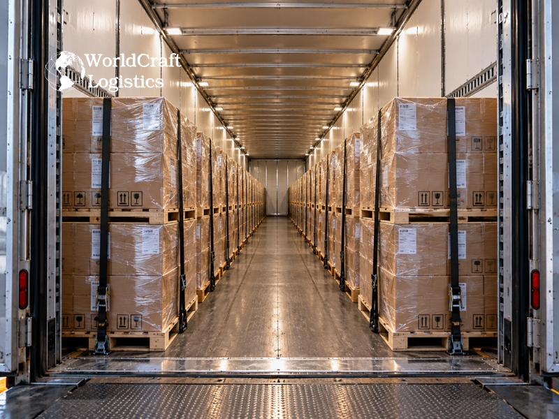 Pallets loaded in two rows inside a 53 foot trailer for a full truckload