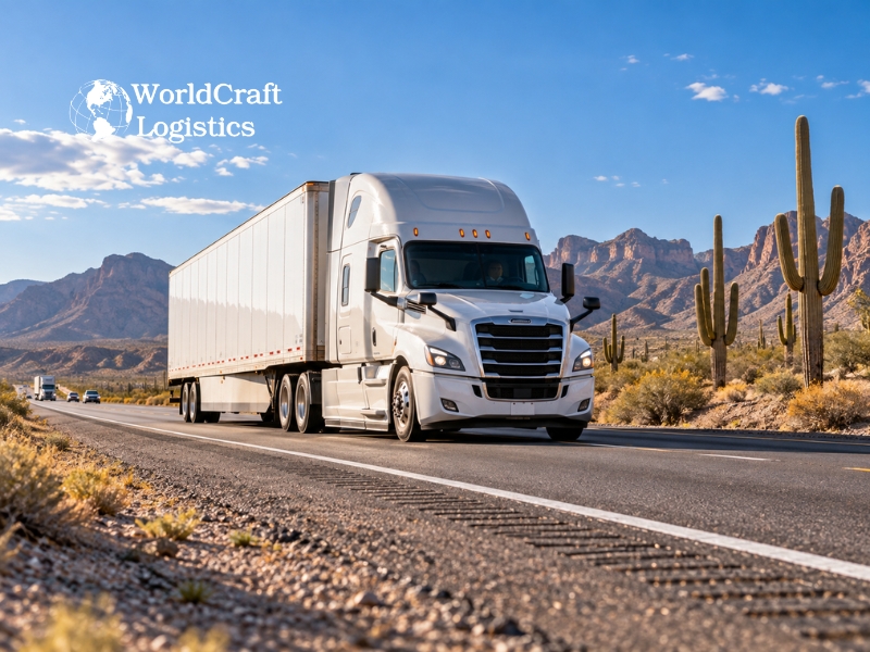 Truck freight in transit across the Arizona desert