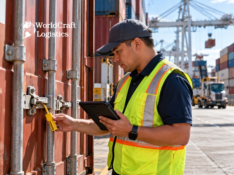 Inspector checking container seal and documents during a customs hold at the terminal