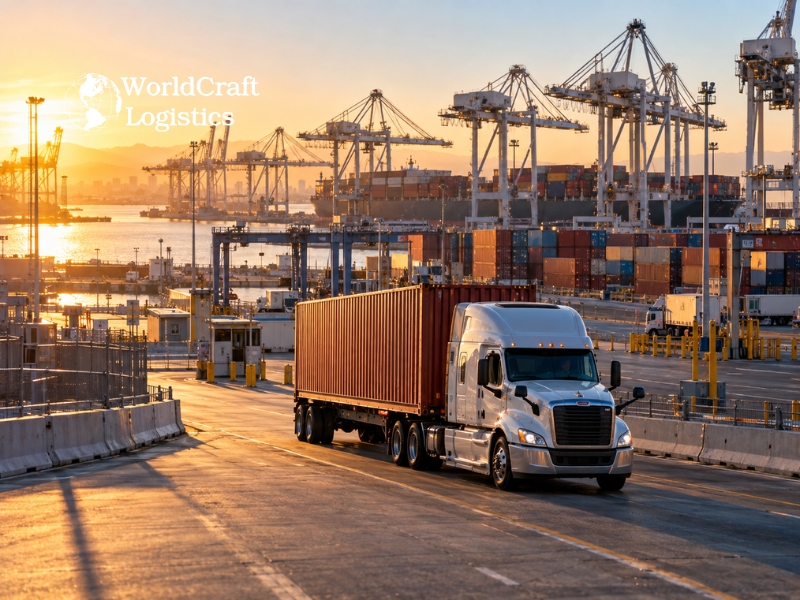 Container truck leaving a port terminal in Southern California, a typical scene behind port to warehouse delays
