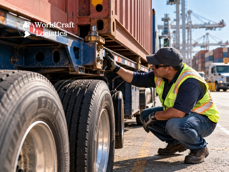 Driver inspecting a container chassis for roadworthiness before leaving the terminal