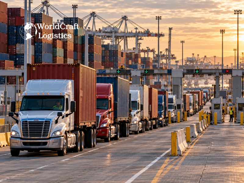 Trucks queuing at a terminal gate during port congestion