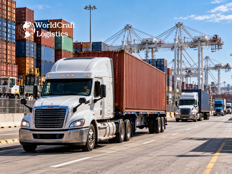 Drayage truck moving a container on the road between the port and the warehouse