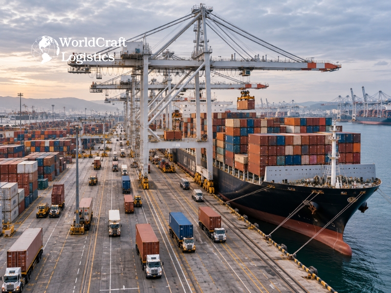 Container ship unloading at a US port while trucks wait, showing a vessel that has arrived but cargo not yet released