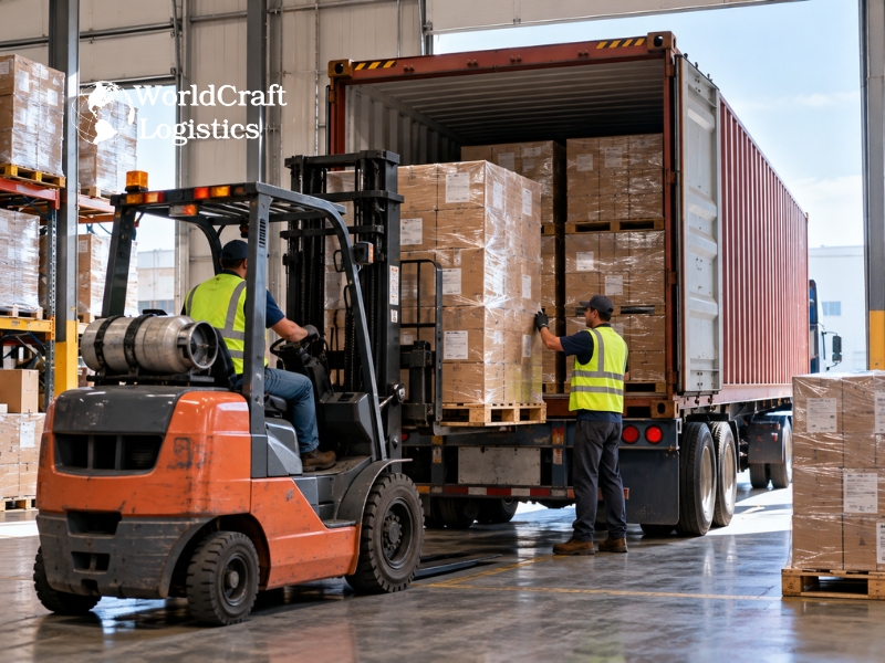 Warehouse team unloading and transloading cargo from a container