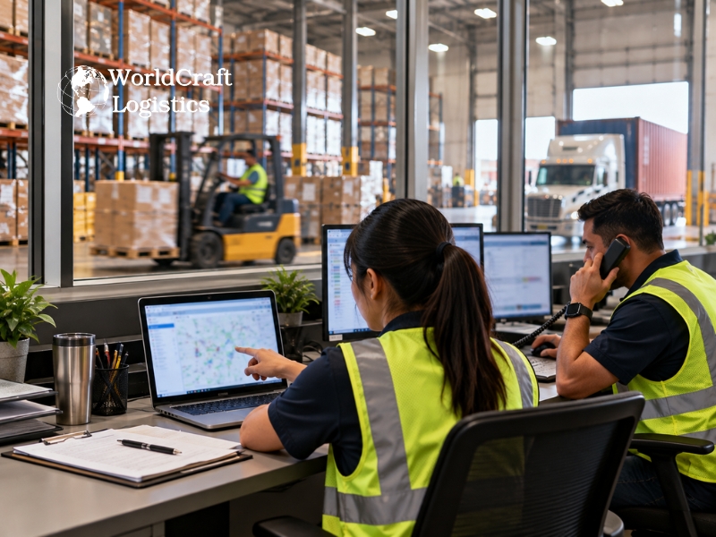 3PL team coordinating port to warehouse logistics from a warehouse office