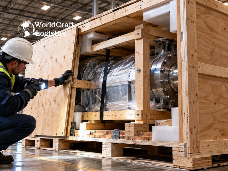 LTL freight classification inspection of crated industrial cargo for shipping