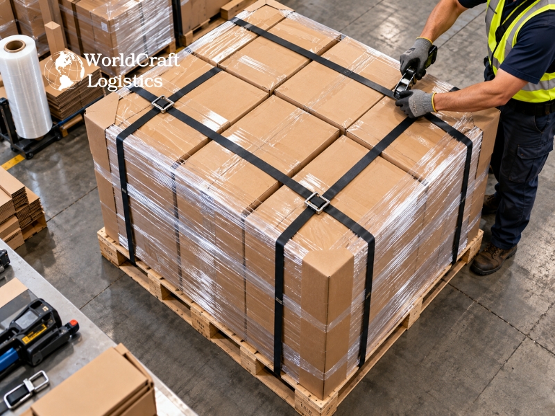 Proper LTL freight packaging with pallet wrapping, corner protectors, and securing straps