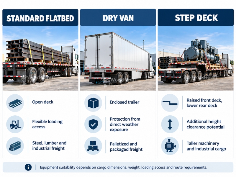 Flatbed vs dry van vs step deck infographic comparing trailer design and freight uses.jpg