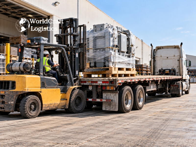 Flatbed shipping process with a forklift loading industrial freight onto a flatbed trailer.jpg