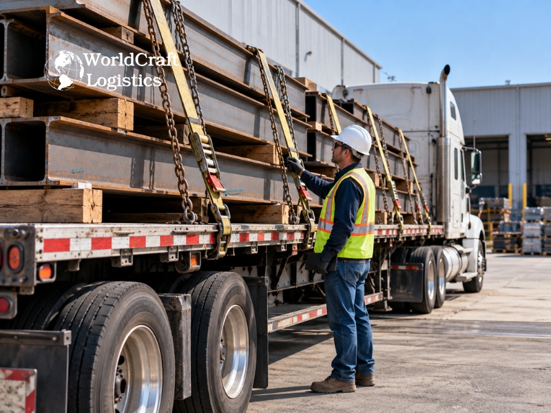 Flatbed shipping preparation with a logistics coordinator inspecting secured industrial freight.jpg