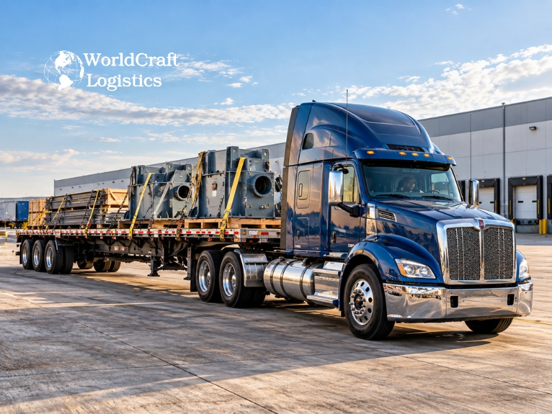 Flatbed trucking explained with an open-deck flatbed trailer carrying industrial freight