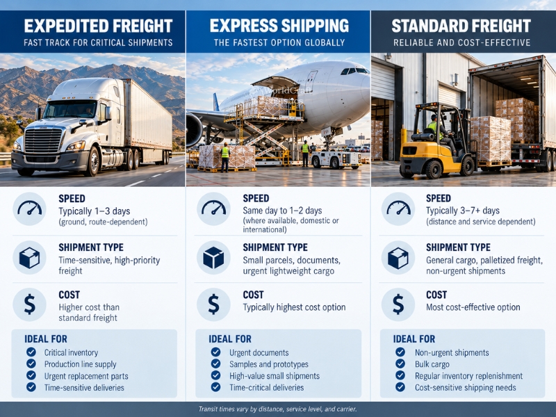 Infographic comparing expedited freight shipping, express shipping, and standard freight