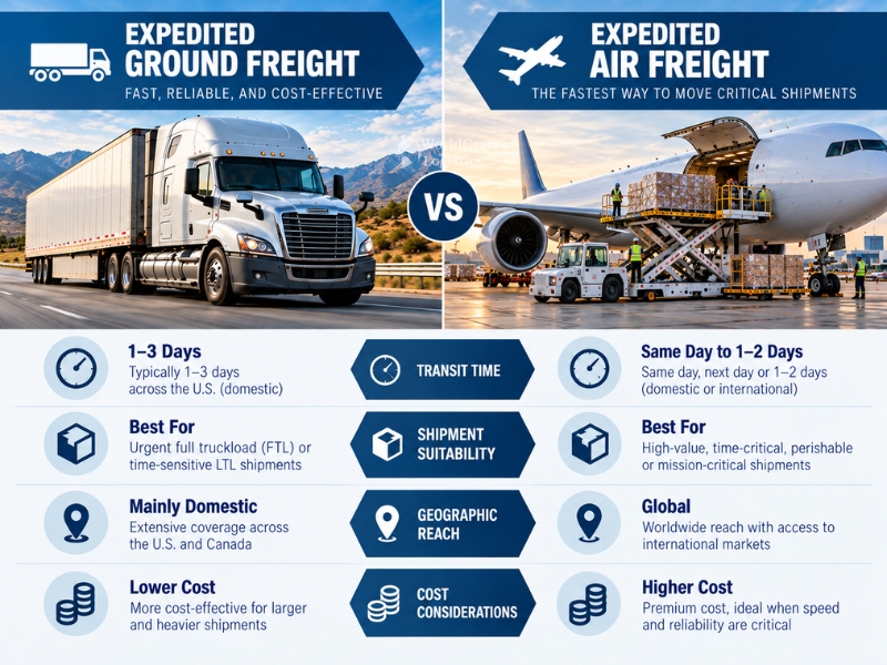 Expedited ground freight vs. expedited air freight comparison infographic