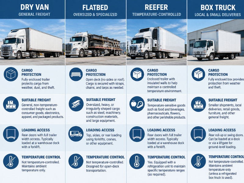 Dry van vs flatbed vs reefer vs box truck, freight trailer types and their typical shipping uses