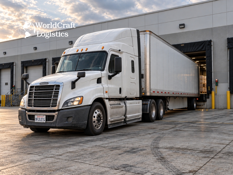 What is dry van trucking? Semi-truck and 53-foot dry van trailer at a warehouse loading dock