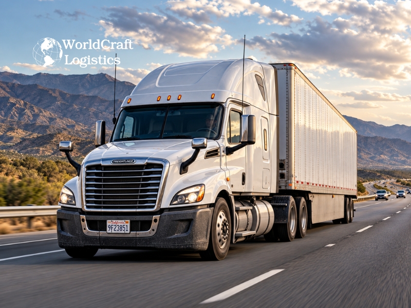 Dry van trucking on a U.S. highway, enclosed semi-trailer transporting general freight
