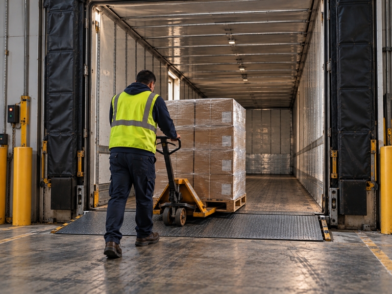 How dry van trucking works? Loading palletized freight into a dry van trailer at a warehouse dock
