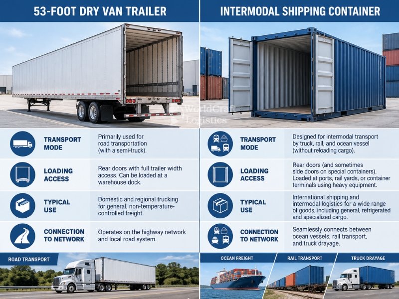 Dry van trailer vs shipping container: Differences in structure, loading access and freight transportation