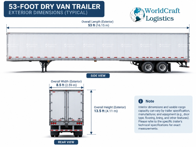53-foot dry van trailer dimensions infographic showing length, width, height and capacity considerations