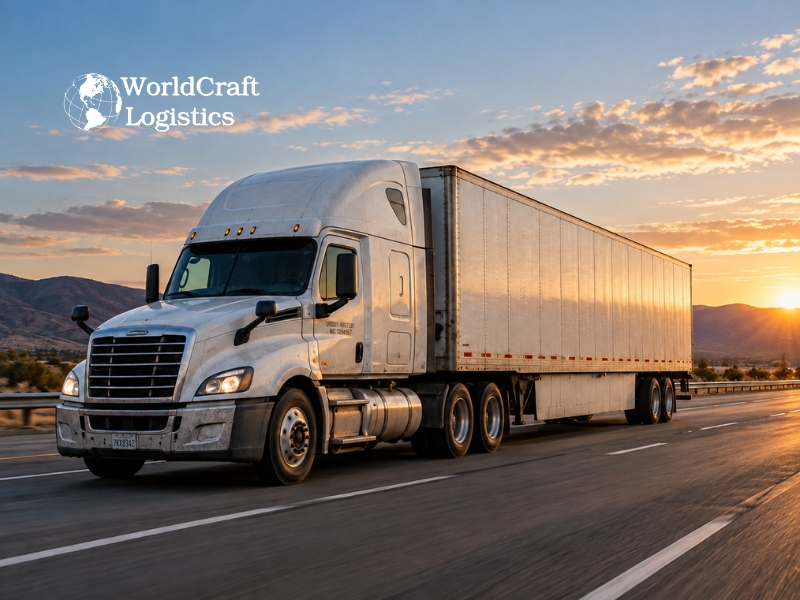 Dry van freight rates, semi-truck transporting general freight on a U.S. interstate highway